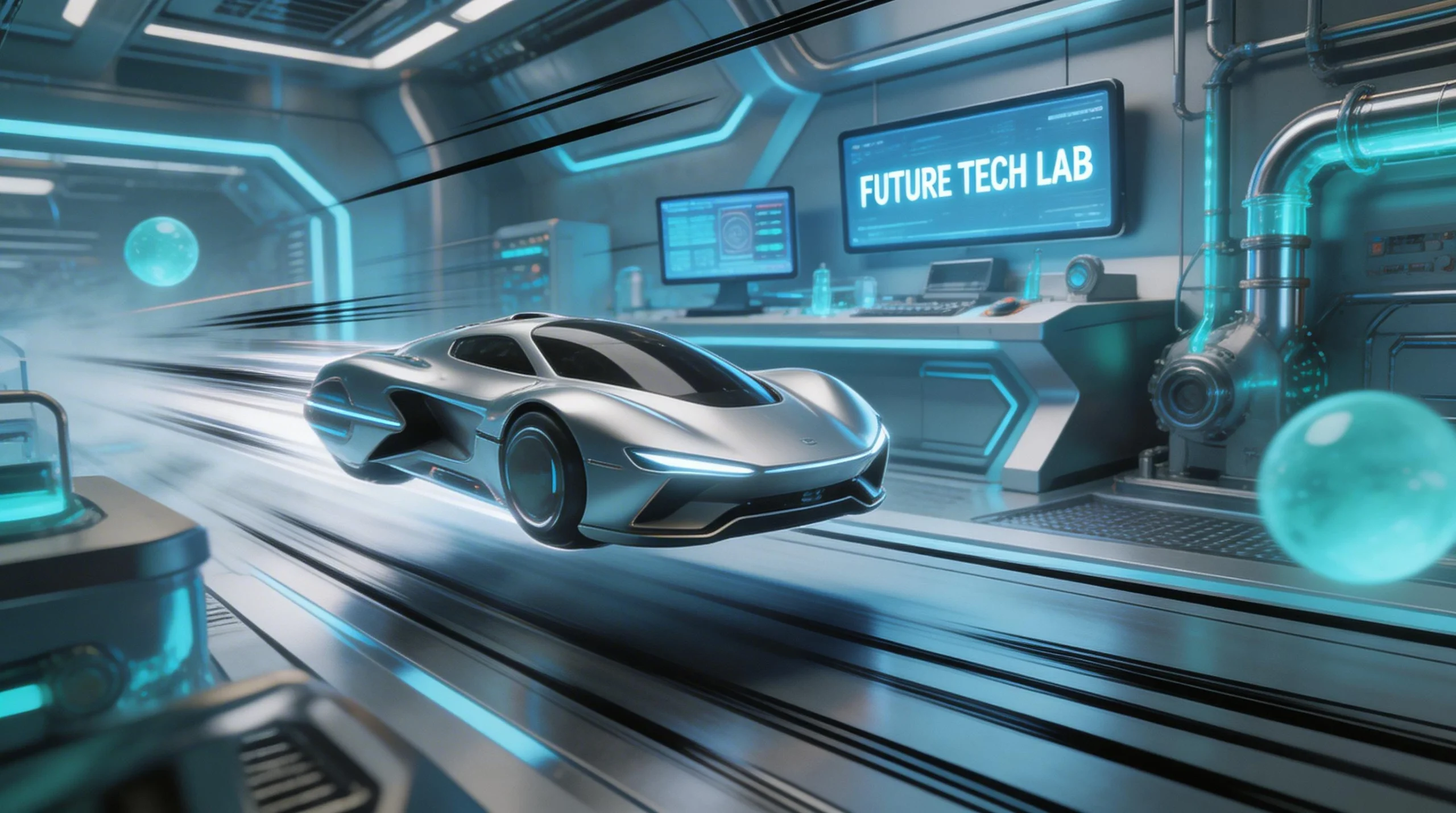 Futuristic Silver Car Racing in High-Tech Lab