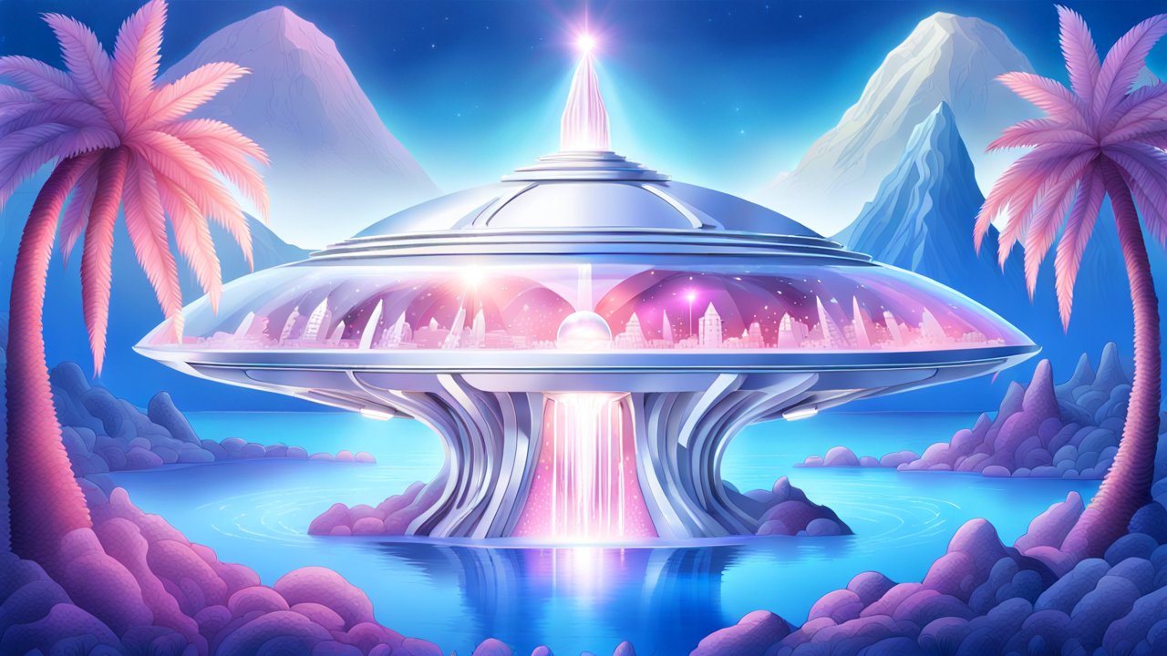 Futuristic Silver Spaceship City on a Mystical Island