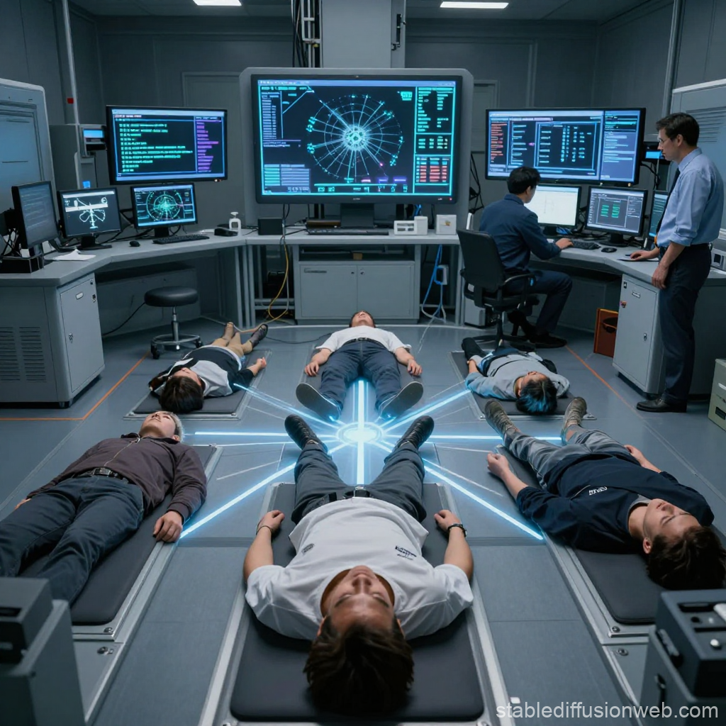 Futuristic Simulation Chamber with Participants and High-Tech Monitors