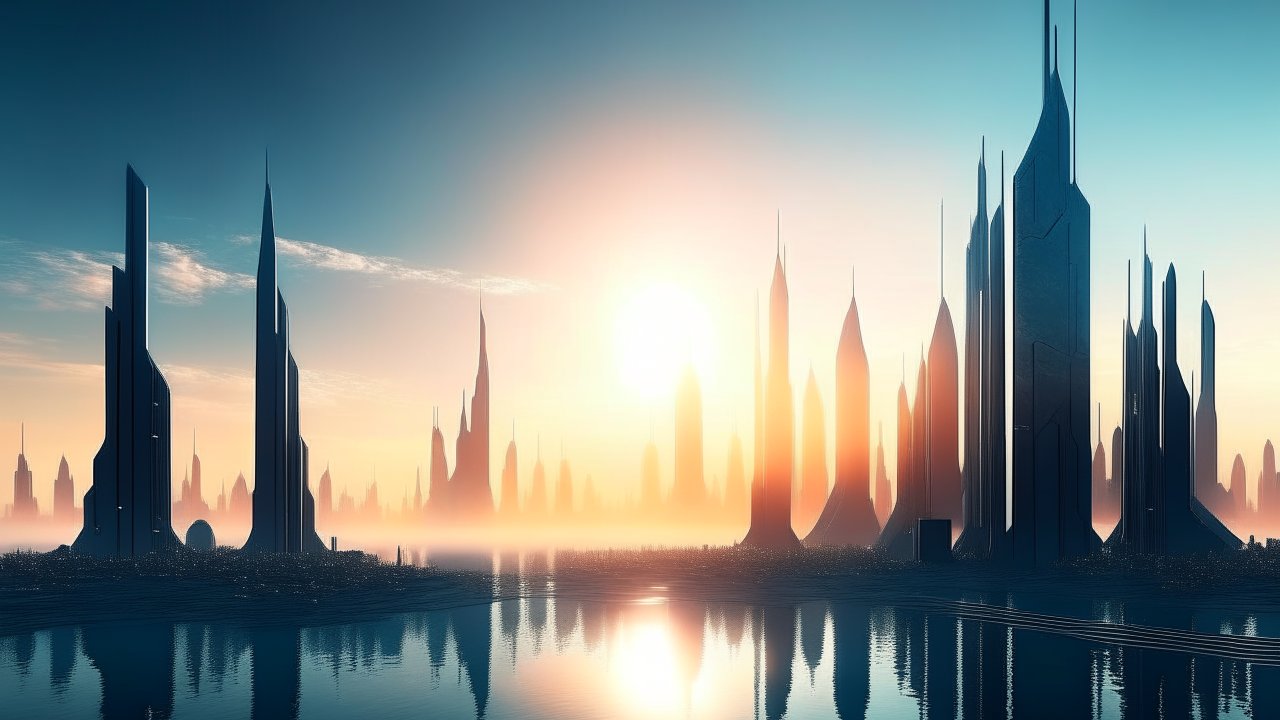 Futuristic Skyline at Sunrise with Reflective Water