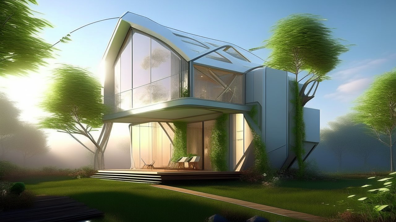 Futuristic Small House with Glass Facade in Lush Green Setting