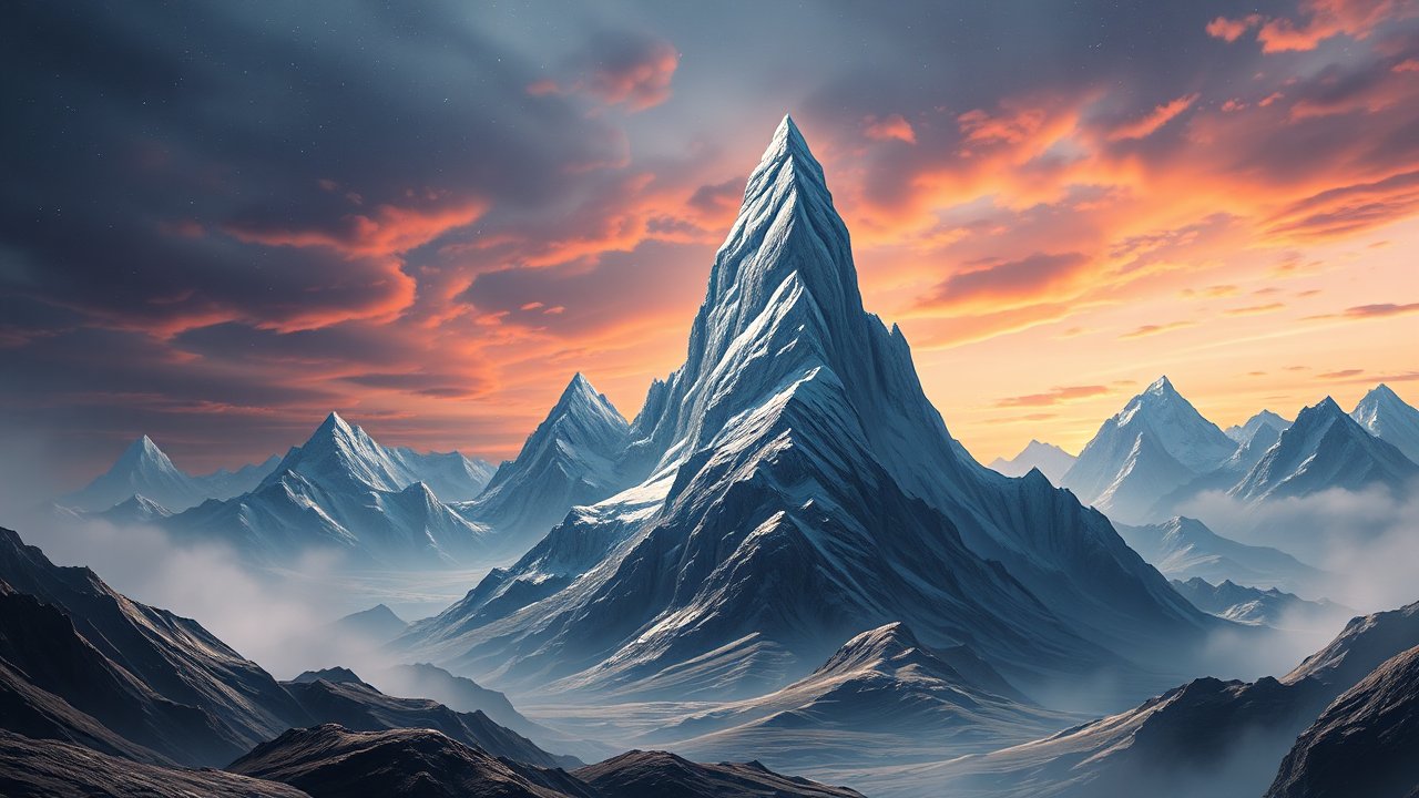 Futuristic Snow-Capped Mountain at Sunset