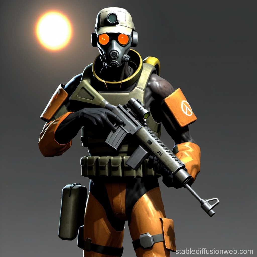 Futuristic Soldier in Tactical Gear with Gas Mask