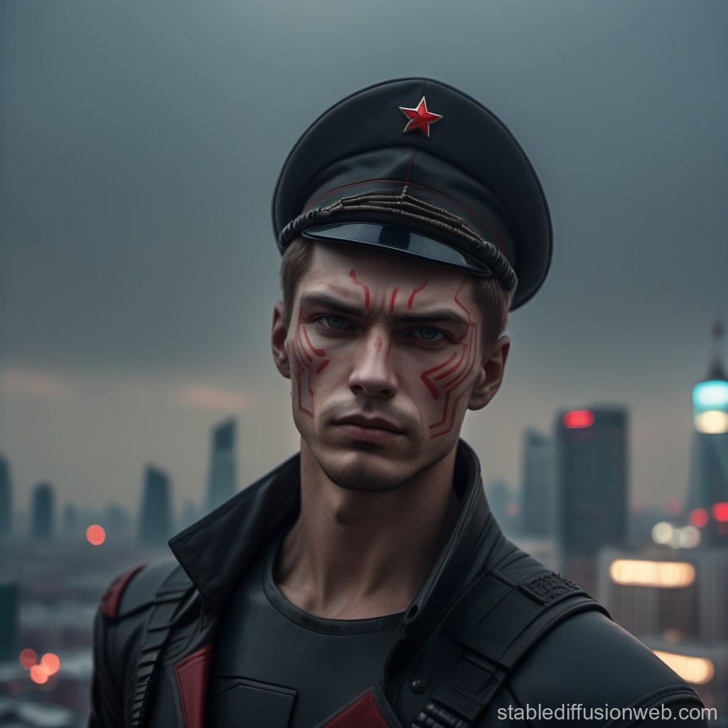 Futuristic Soldier with Red Facial Markings in Urban Nightscape