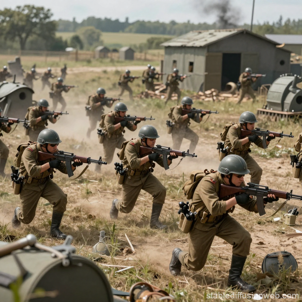 Futuristic Soldiers Advancing in Trench Warfare