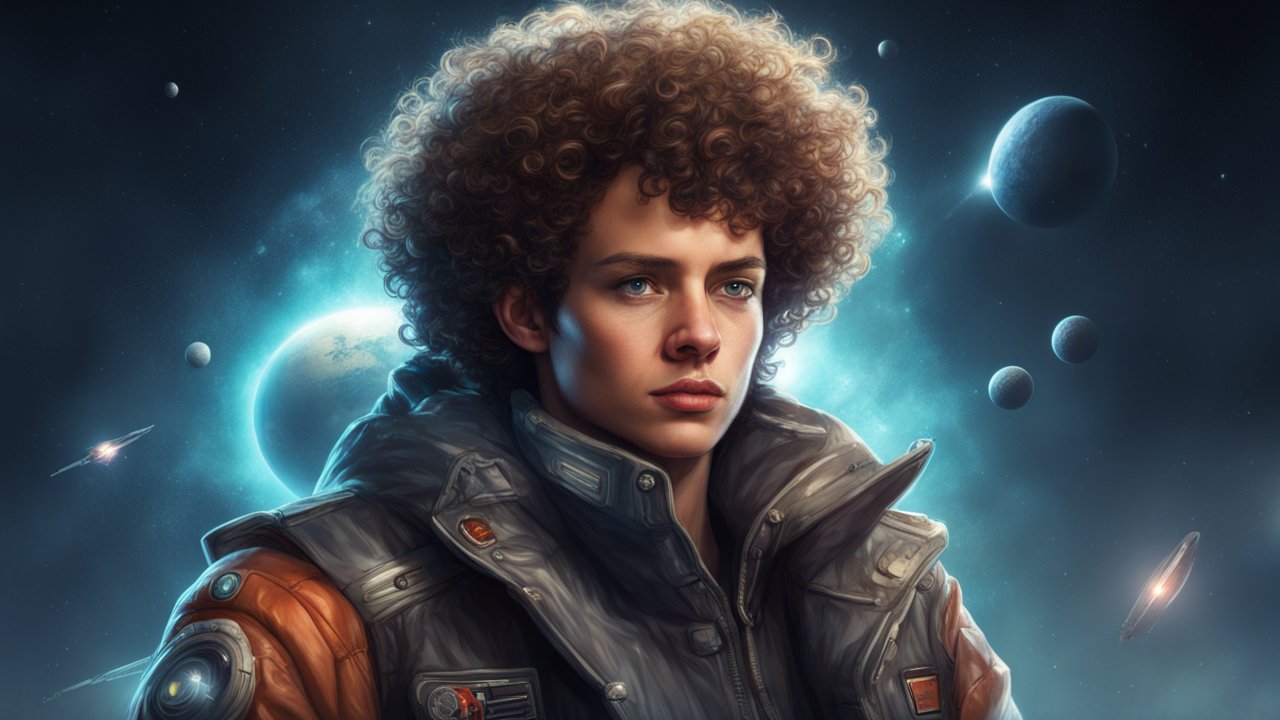 Futuristic Space Explorer with Curly Hair in Sci-Fi Setting