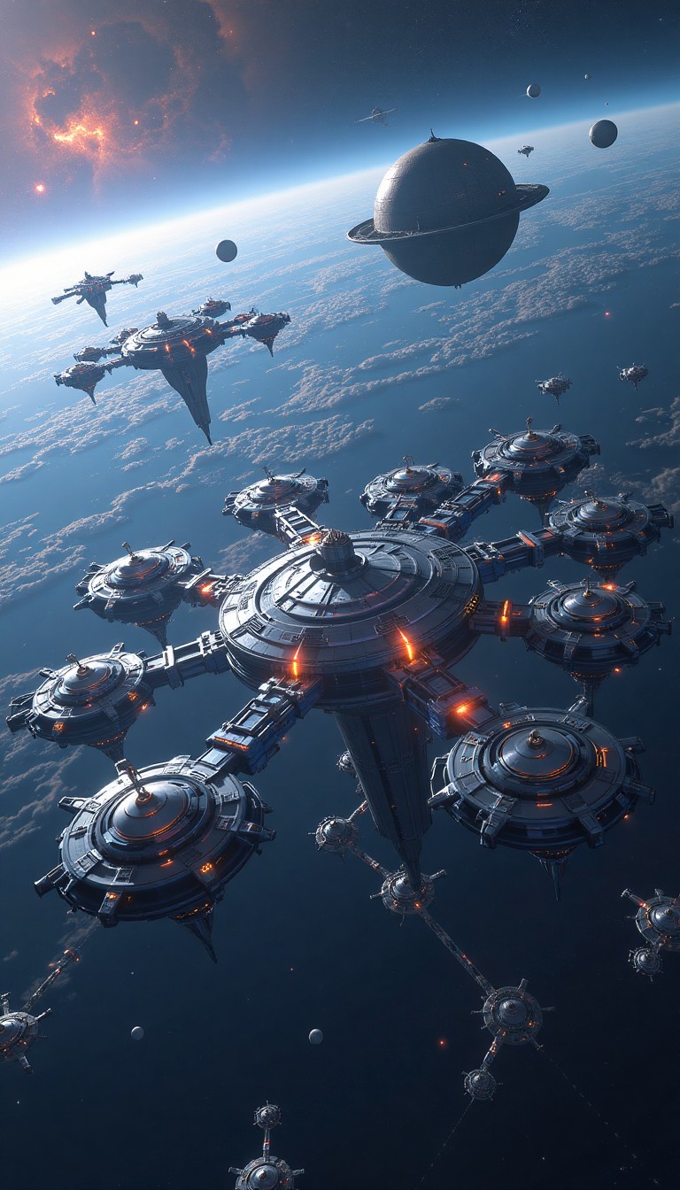 Futuristic Space Station Orbiting a Planet