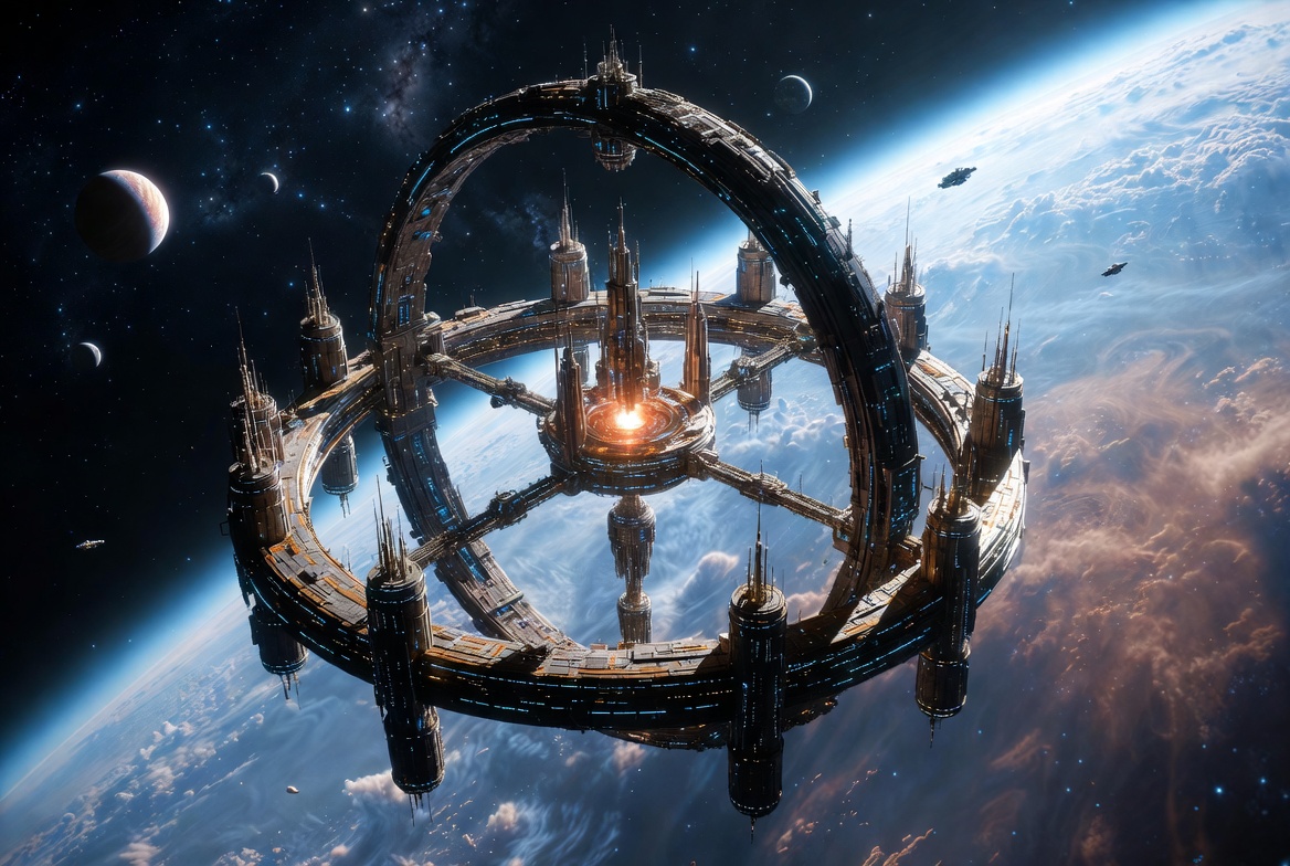 Futuristic Space Station Orbiting a Planet