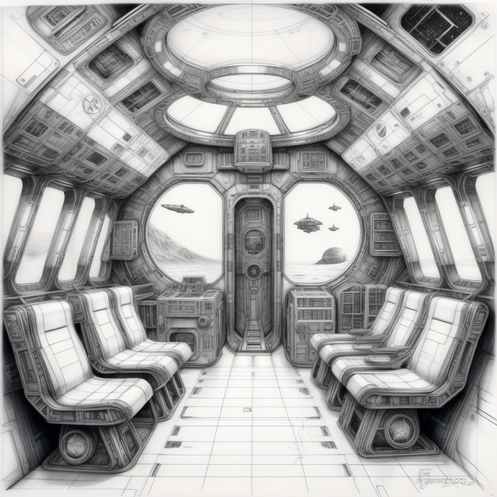 Futuristic Spacecraft Interior with Exterior View of Flying Ships