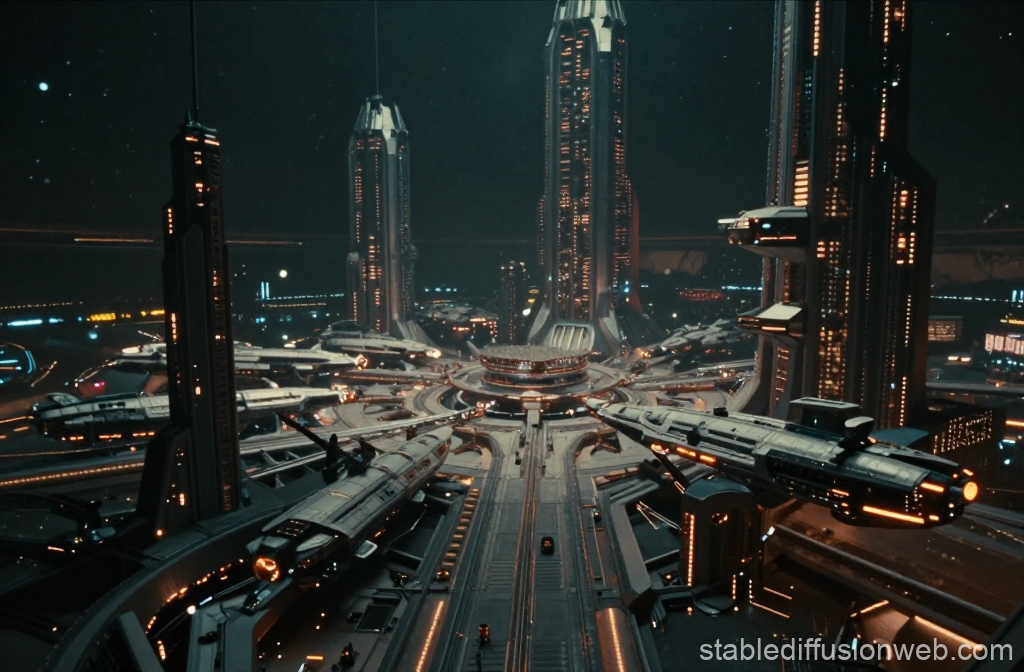 Futuristic Spaceport City at Night