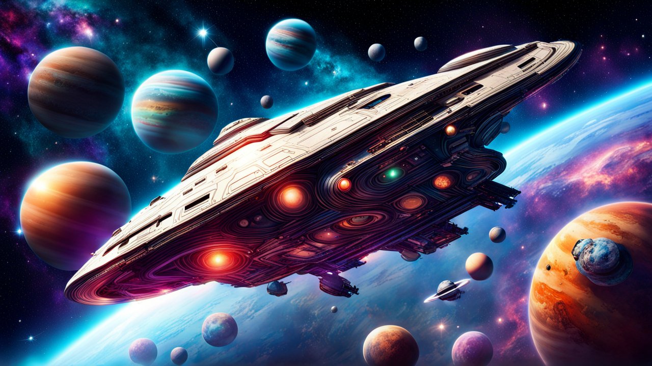 Futuristic Spaceship Among Vibrant Planets in Deep Space