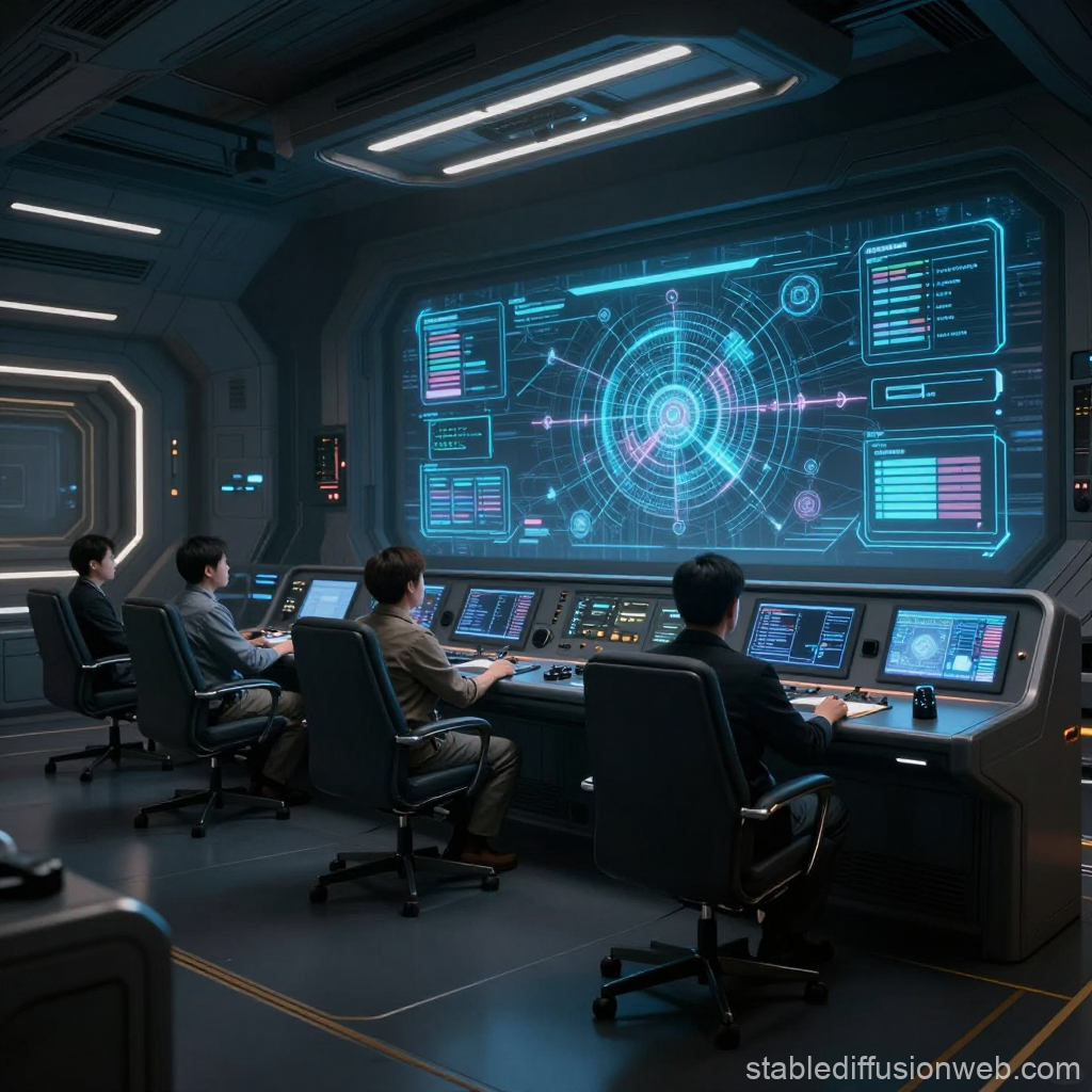 Futuristic Spaceship Control Room with Crew Monitoring Holographic Display