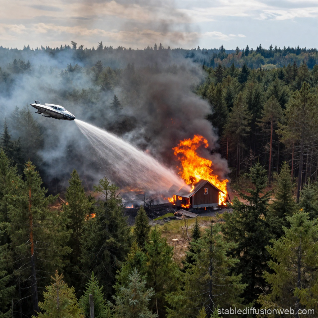 Futuristic Spaceship Extinguishing Forest Fire on Burning Cabin
