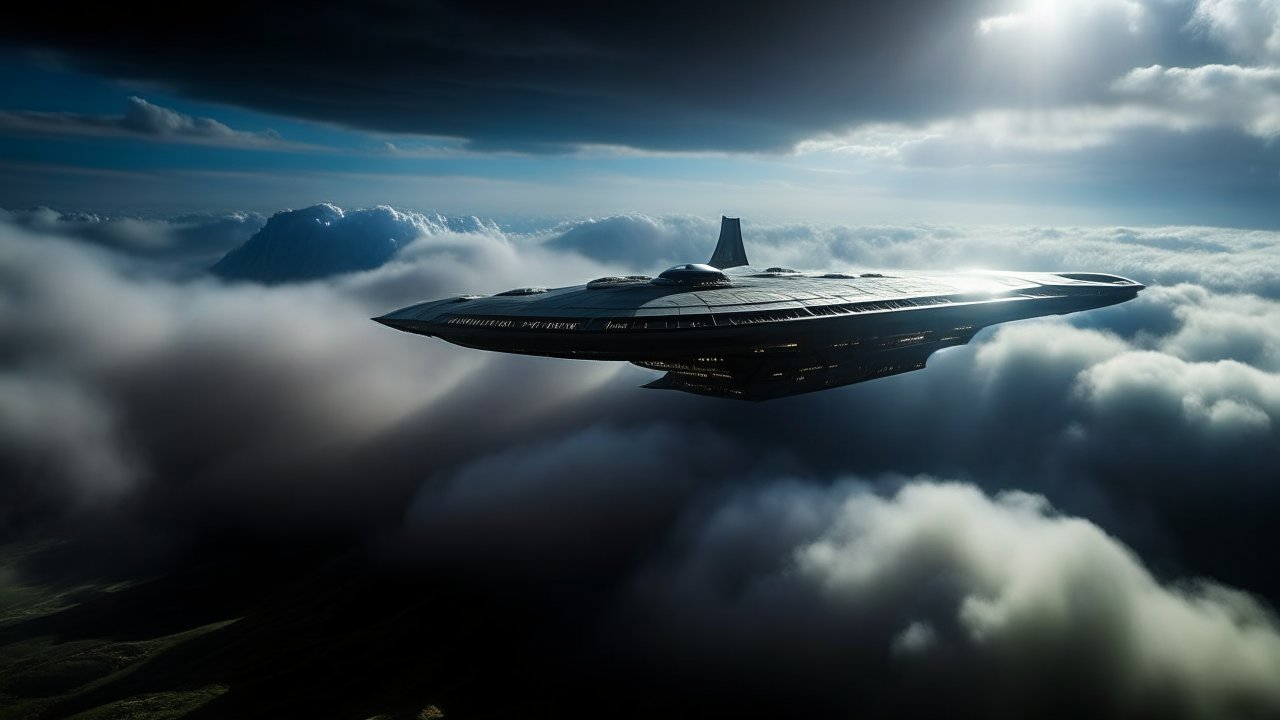 Futuristic Spaceship Hovering Above Clouds at Sunrise