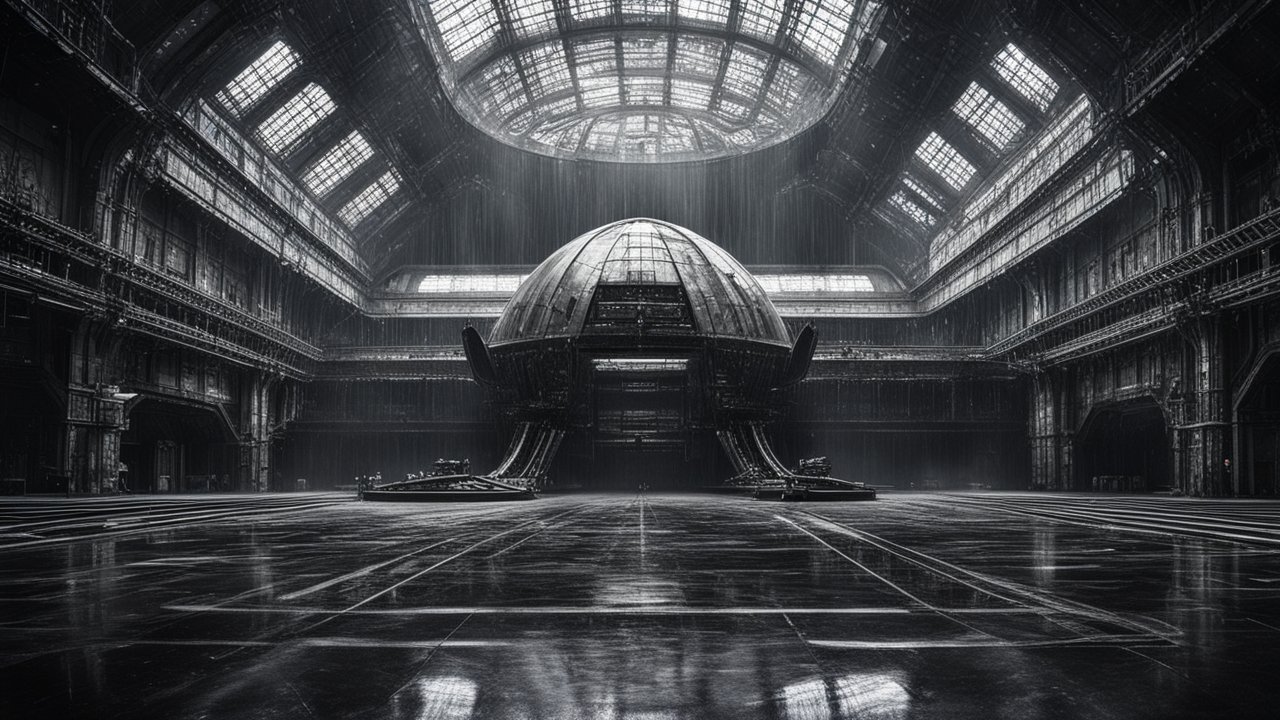 Futuristic Spaceship Landing in a Vast Industrial Hangar