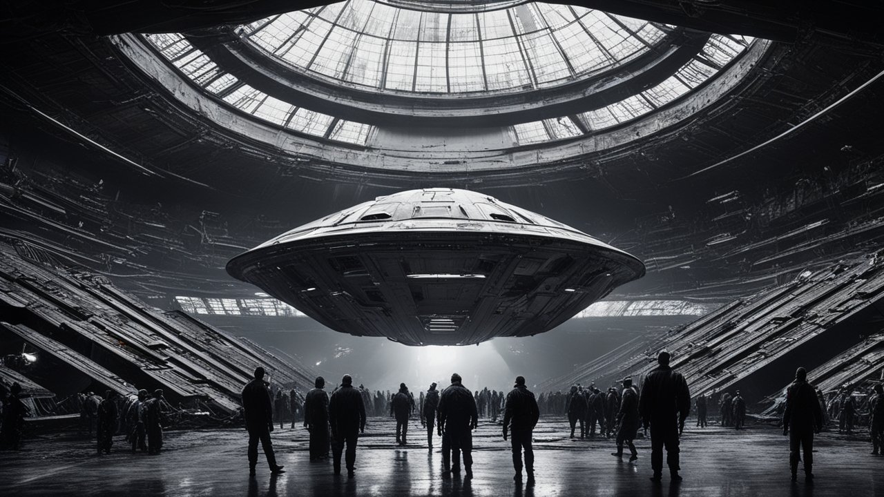 Futuristic Spaceship Landing in Massive Hangar