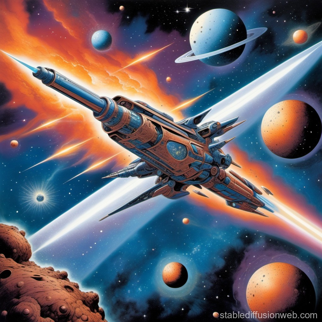 Futuristic Spaceship Navigating a Vibrant Cosmic Scene