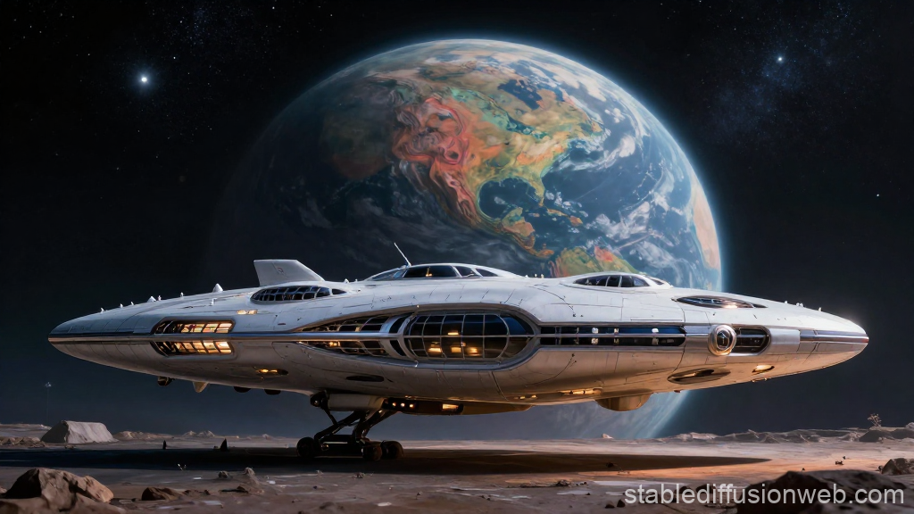 Futuristic Spaceship on Alien Moon with Earth in Background