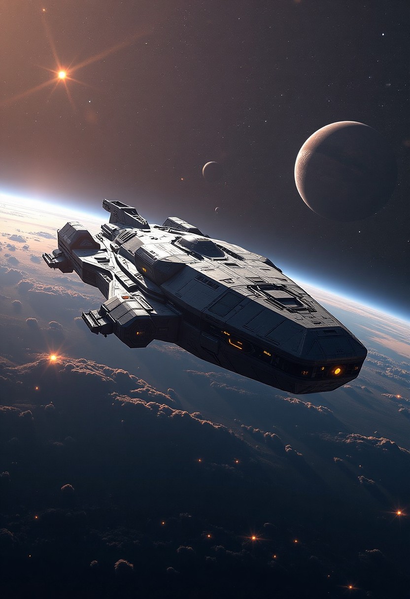 Futuristic Spaceship Orbiting a Planet with Distant Moons