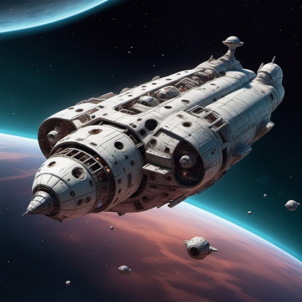 Futuristic Spaceship Orbiting Alien Planet