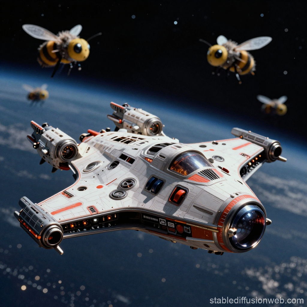 Futuristic Spaceship with Giant Bees in Orbit