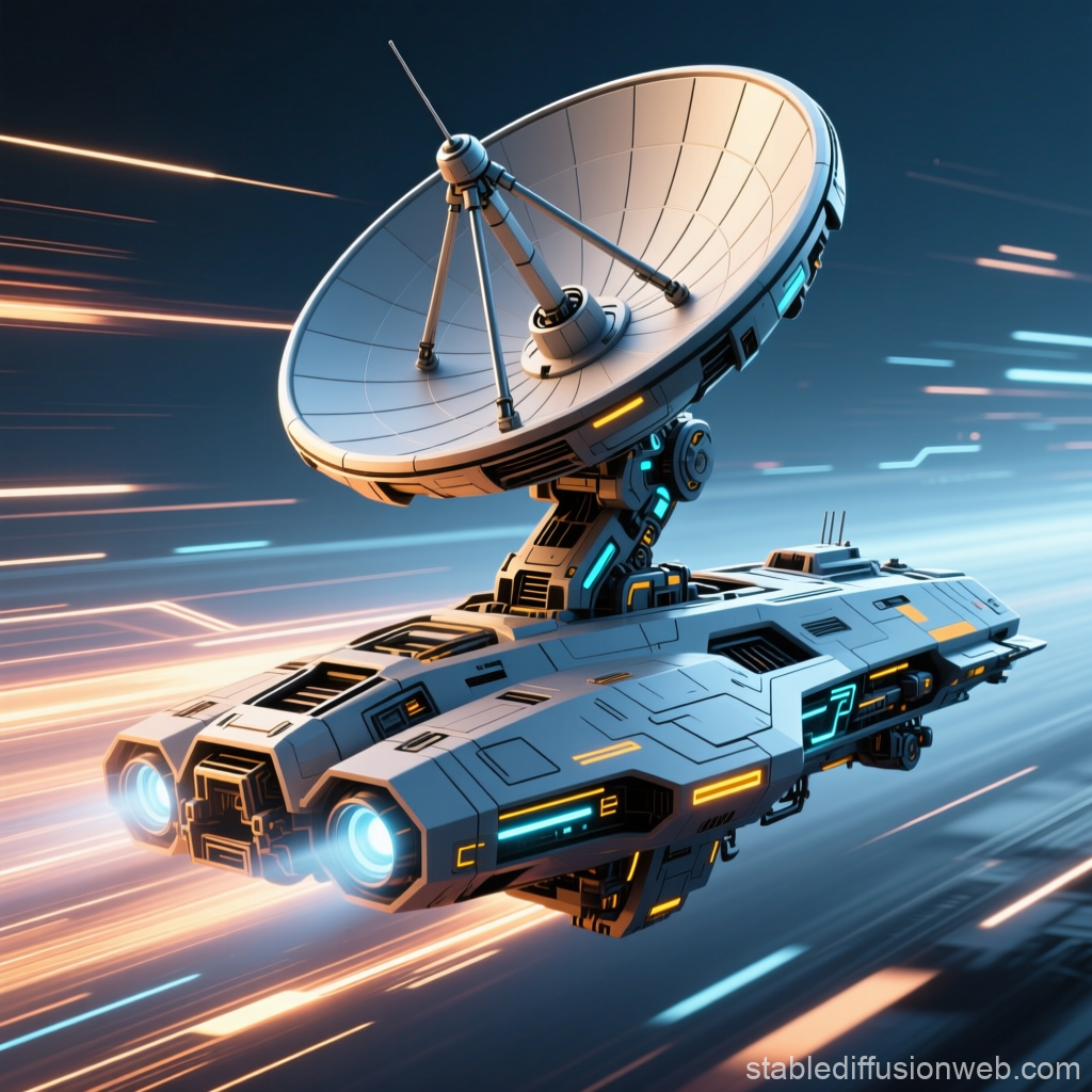 Futuristic Spaceship with Large Radar Antenna in Motion