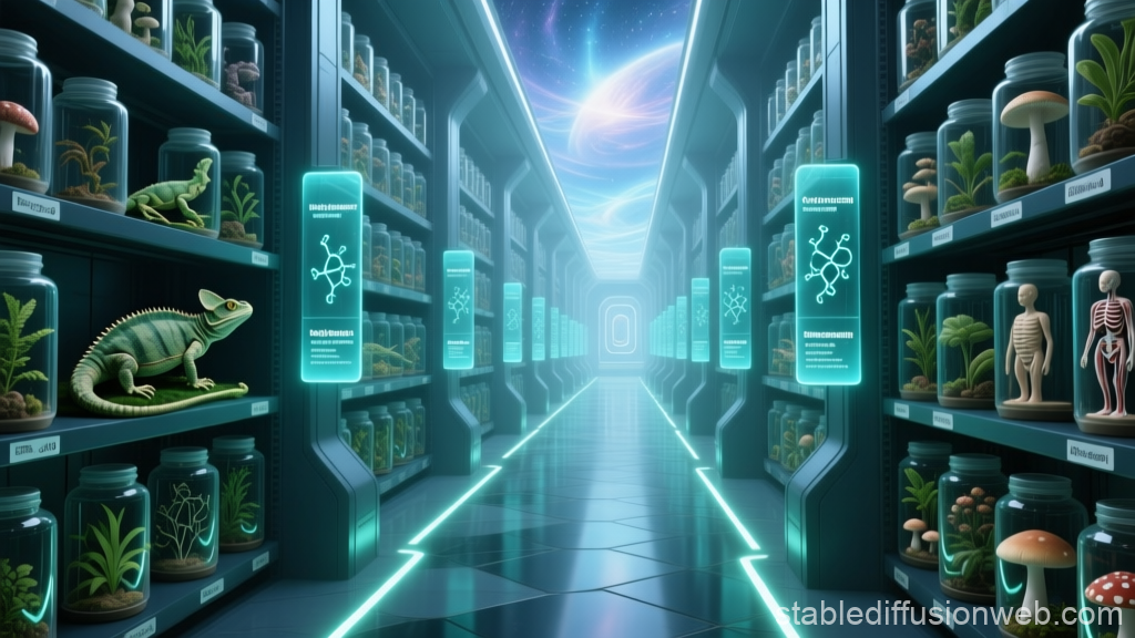 Futuristic Specimen Corridor with Biotech Displays