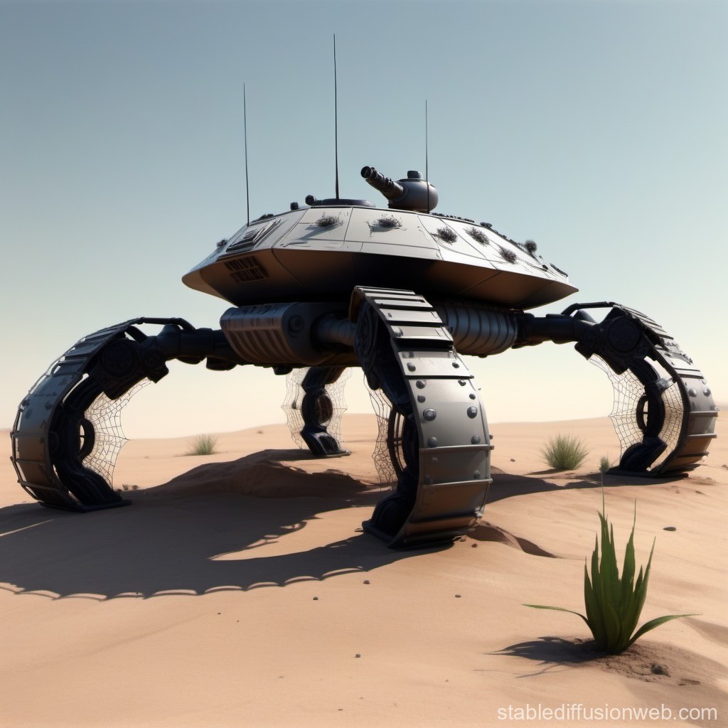 Futuristic Spider-Like Tank in Desert Landscape