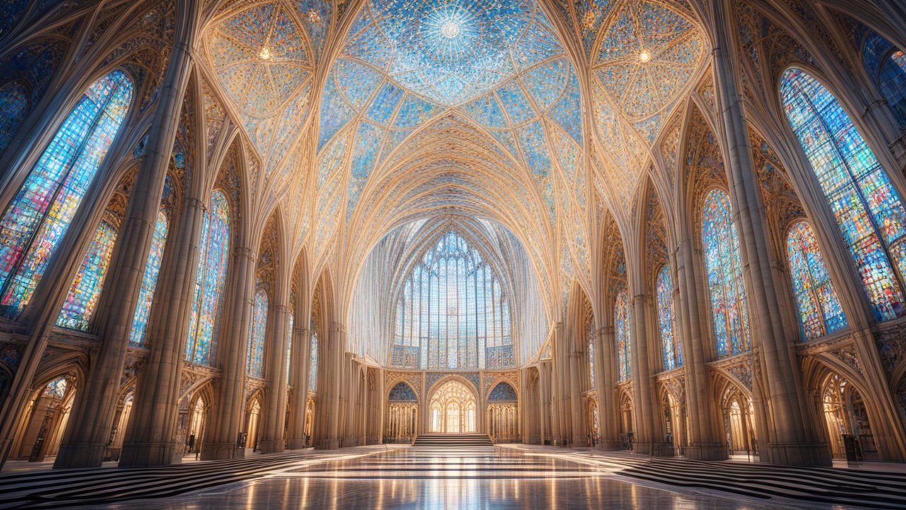 Futuristic Symmetrical Cathedral Interior with Stained Glass