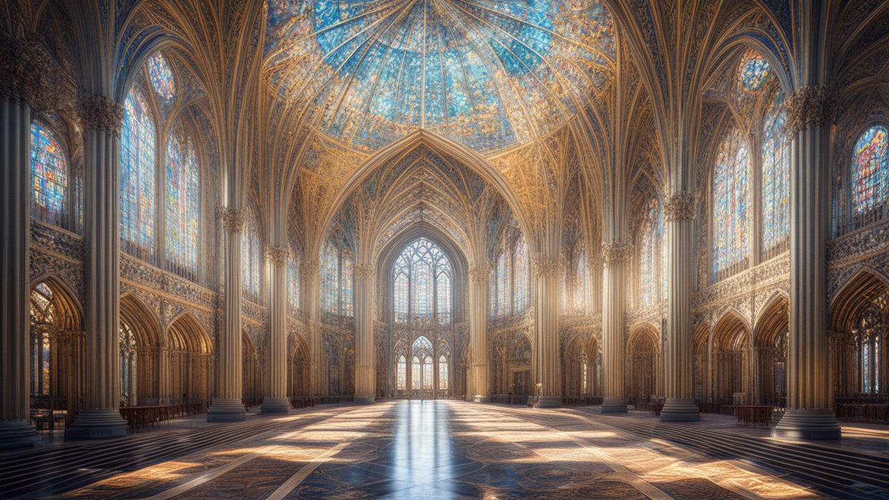 Futuristic Symmetrical Cathedral Interior with Stained Glass Dome