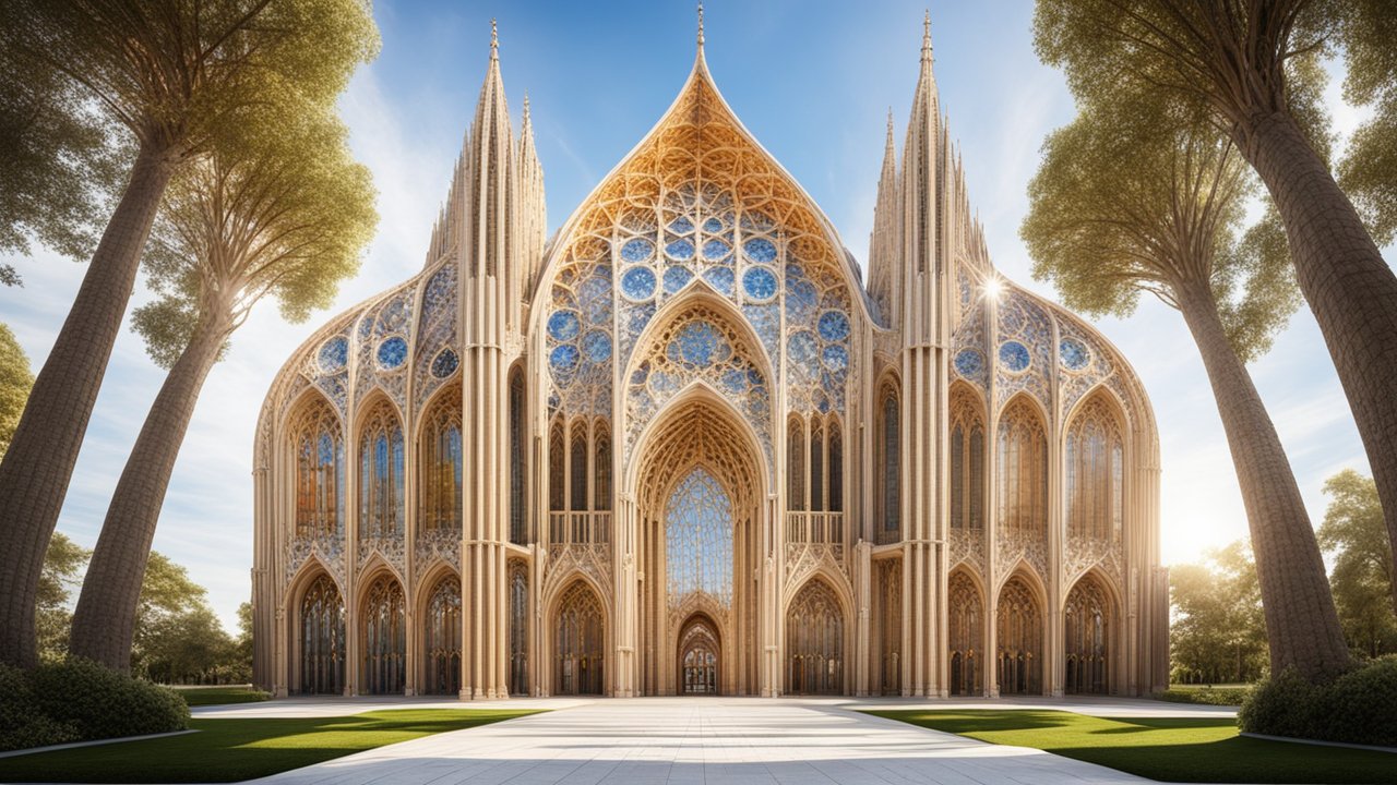 Futuristic Symmetrical Cathedral with Gothic Architecture