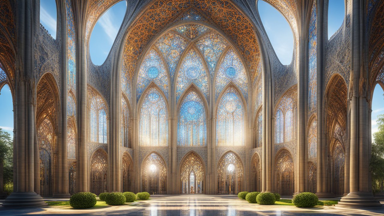 Futuristic Symmetrical Cathedral with Stained Glass