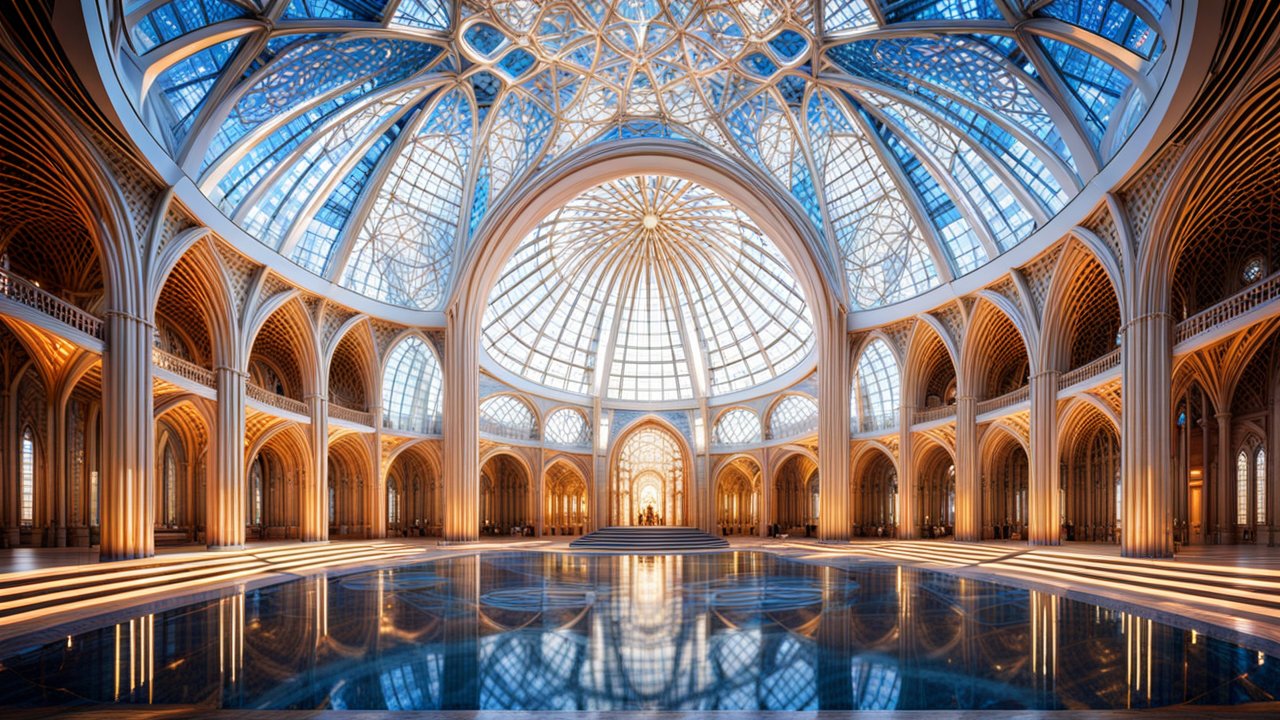 Futuristic Symmetrical Dome with Glass Ceiling and Reflections