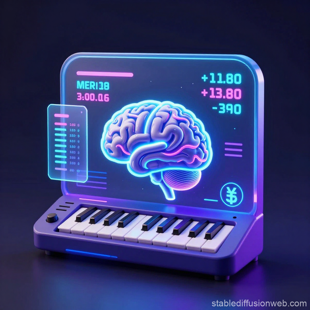 Futuristic Synthesizer with Neon Brain Hologram