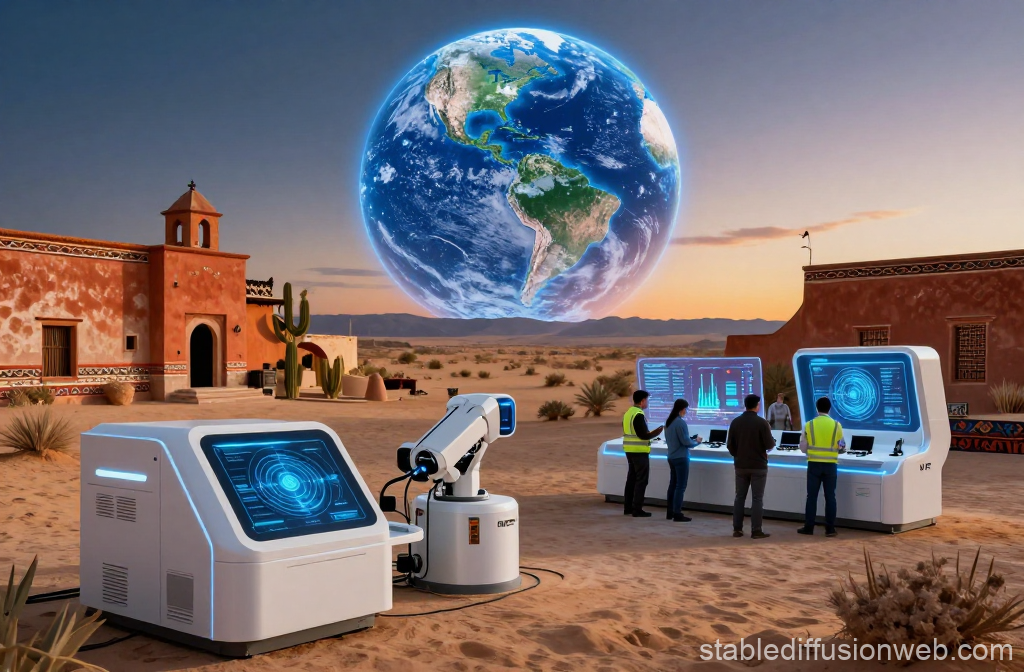 Futuristic Tech Hub in Desert with Earth Hologram