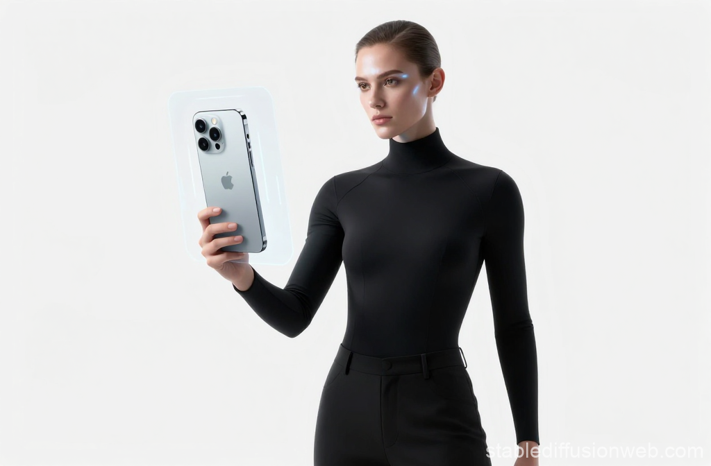 Futuristic Tech Noir Woman Holding Apple iPhone