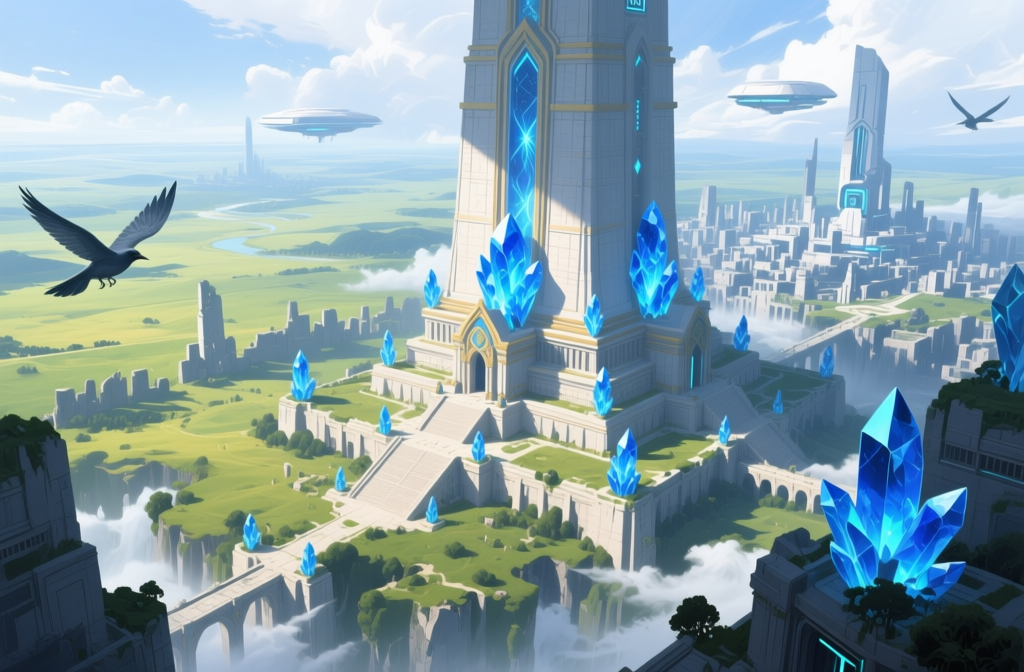 Futuristic Temple with Blue Crystals on a Prairie