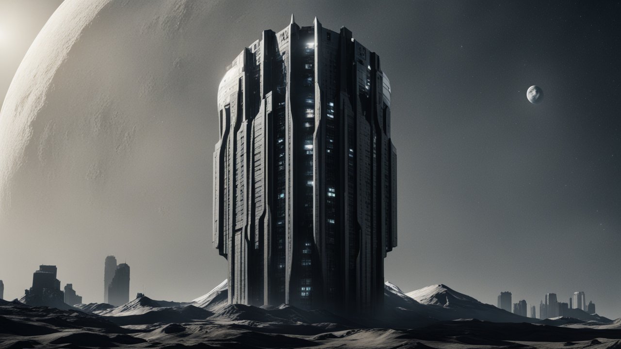 Futuristic Tower on a Lunar Landscape with Distant Cityscape