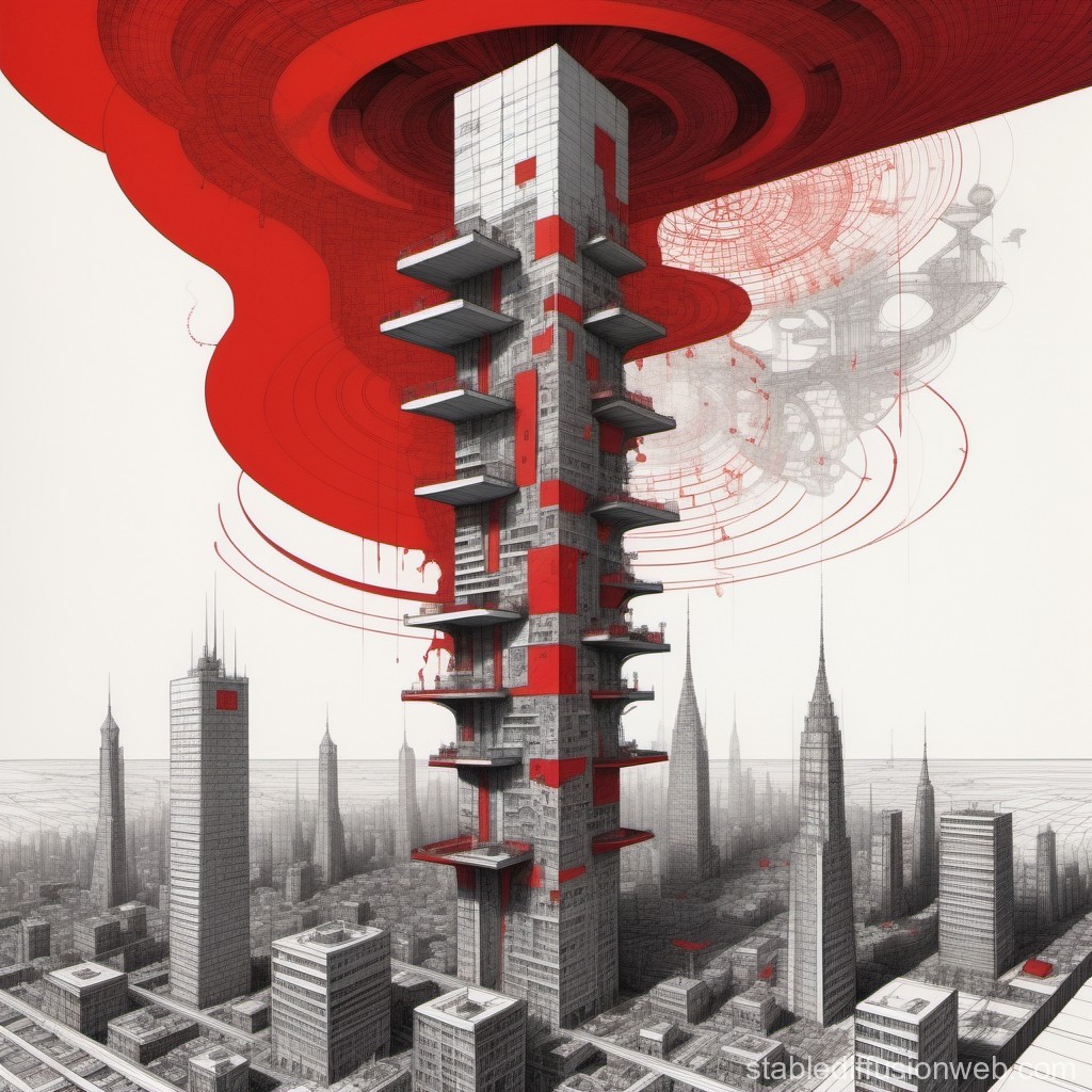 Futuristic Tower with Red Accents in a Monochrome Cityscape