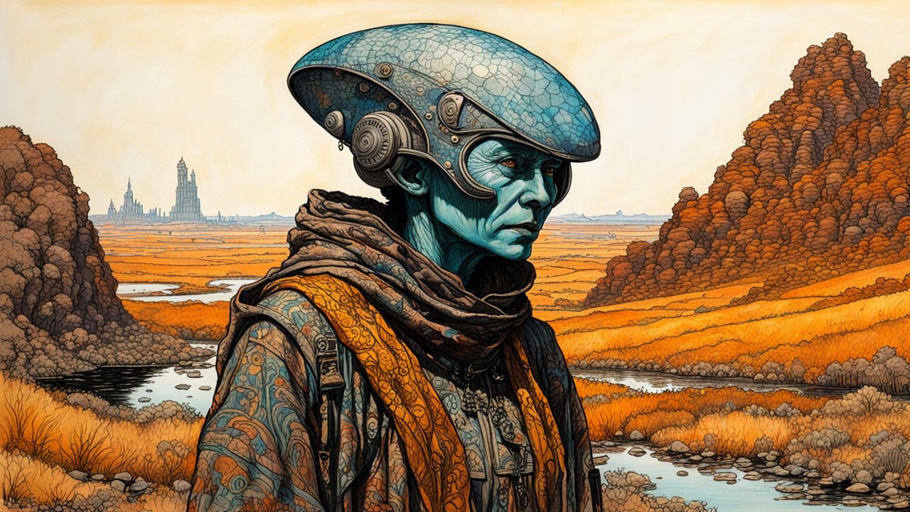 Futuristic Traveler in Detailed Sci-Fi Landscape