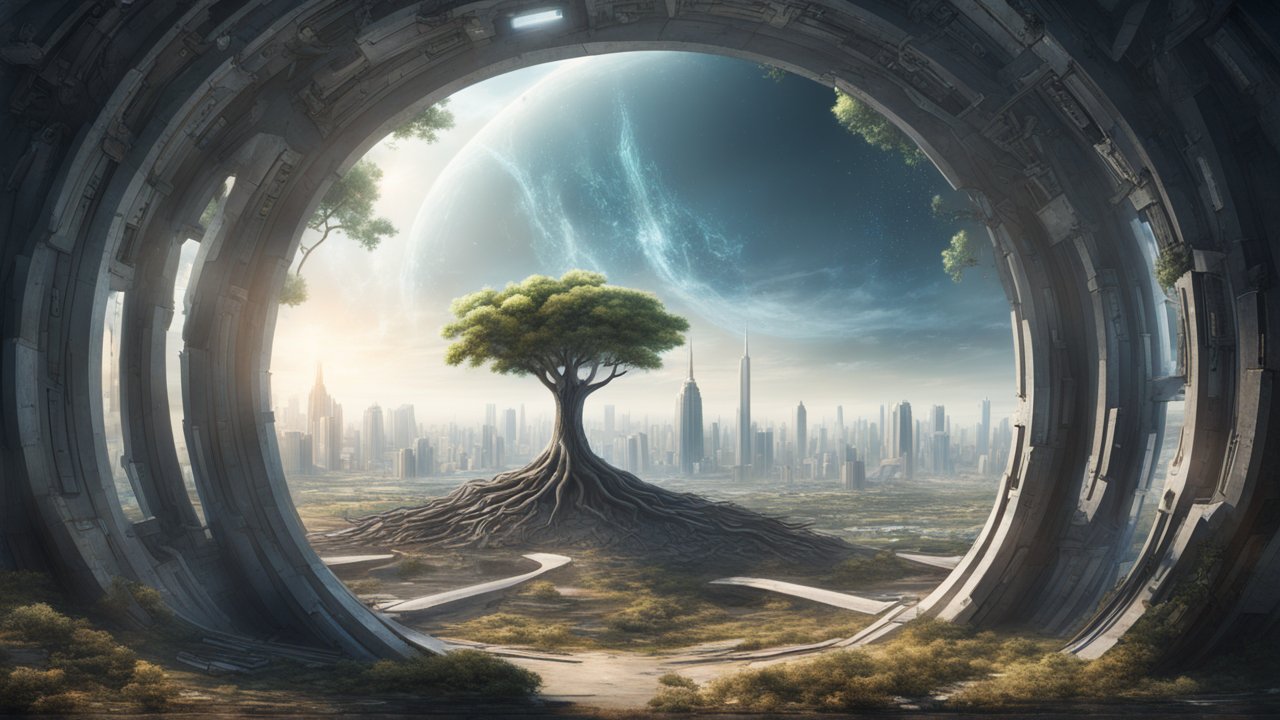 Futuristic Tree of Life in a Sci-Fi Cityscape