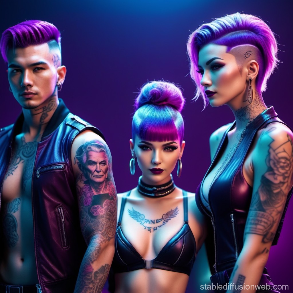 Futuristic Trio with Neon Purple Hair and Tattoos