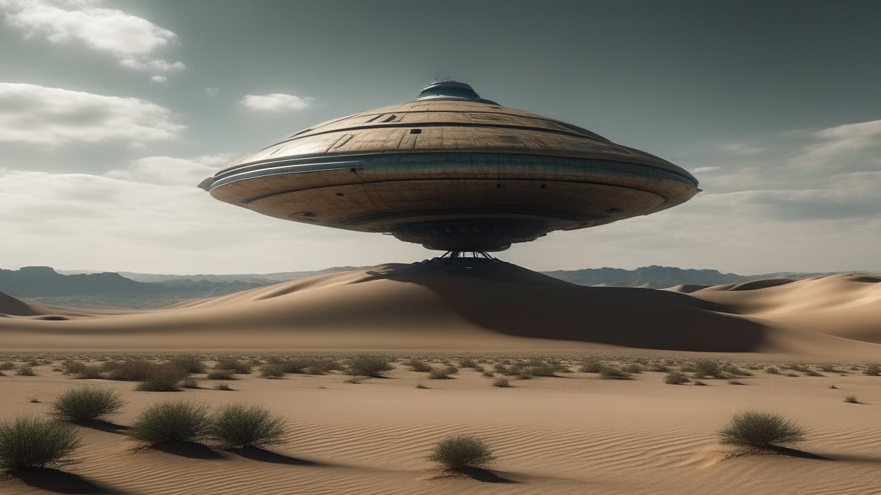 Futuristic UFO Landing in Desert Landscape