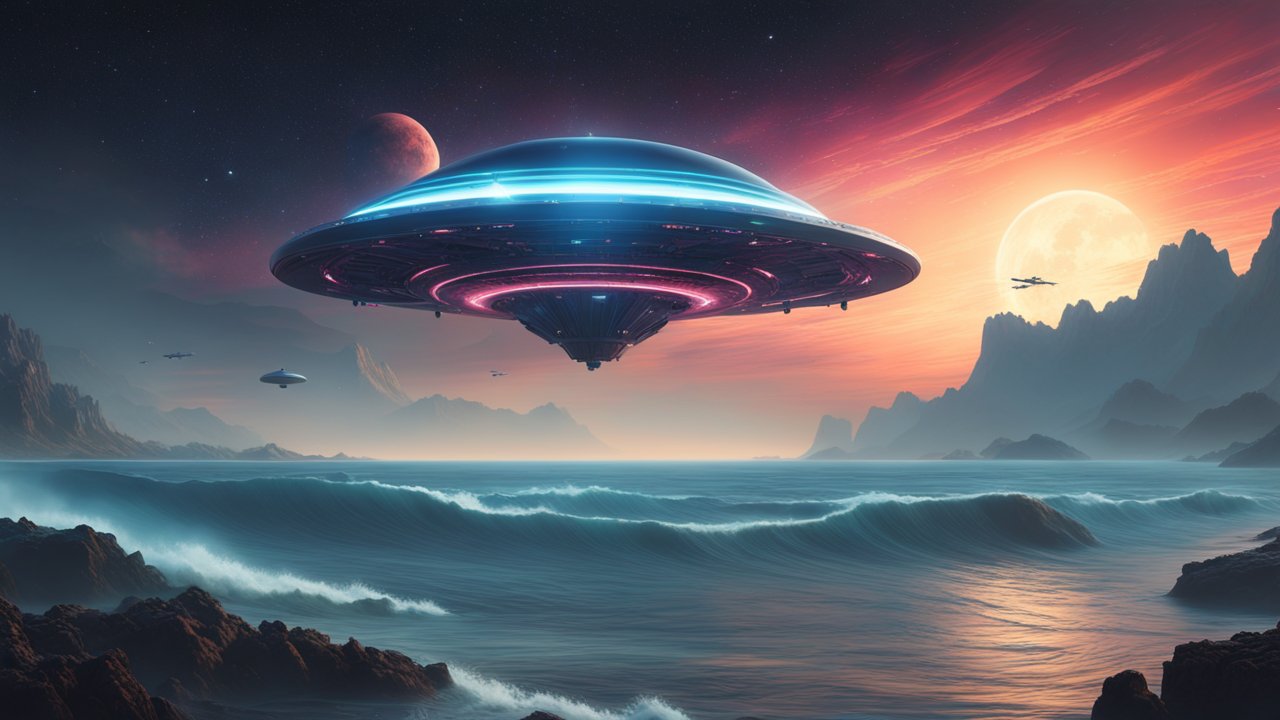 Futuristic UFO Over Alien Ocean at Sunset