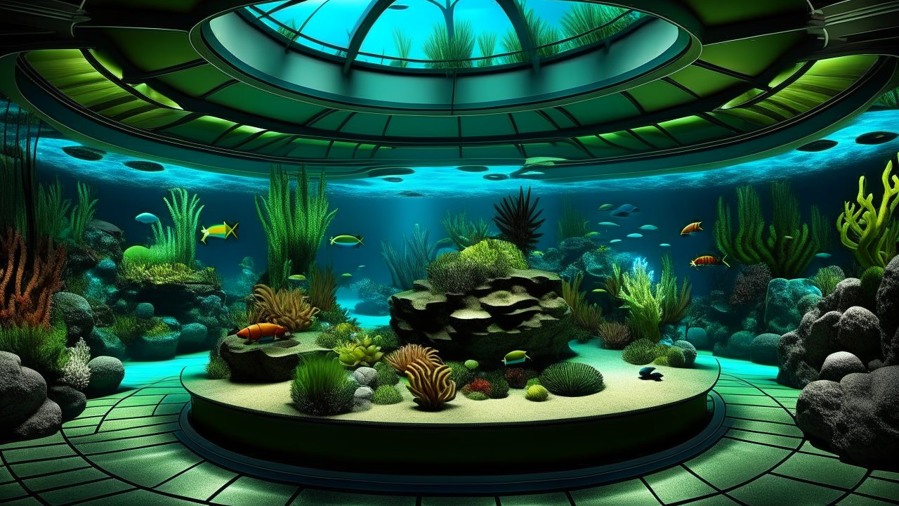 Futuristic Underwater Aquarium with Vibrant Marine Life