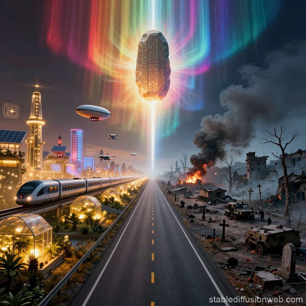 Futuristic Utopia vs Post-Apocalyptic Ruins Divided by a Mystical Stone