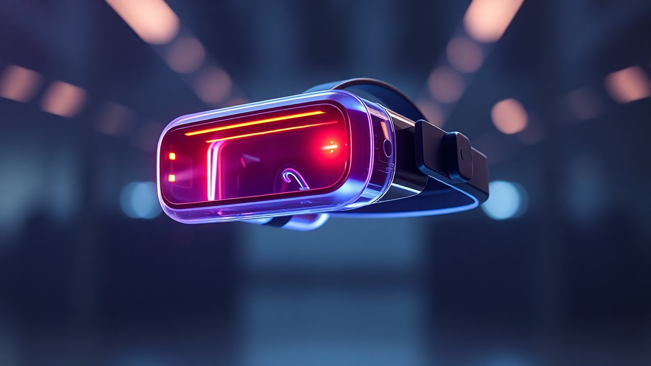 Futuristic VR Headset with Neon Lights in Dark Environment
