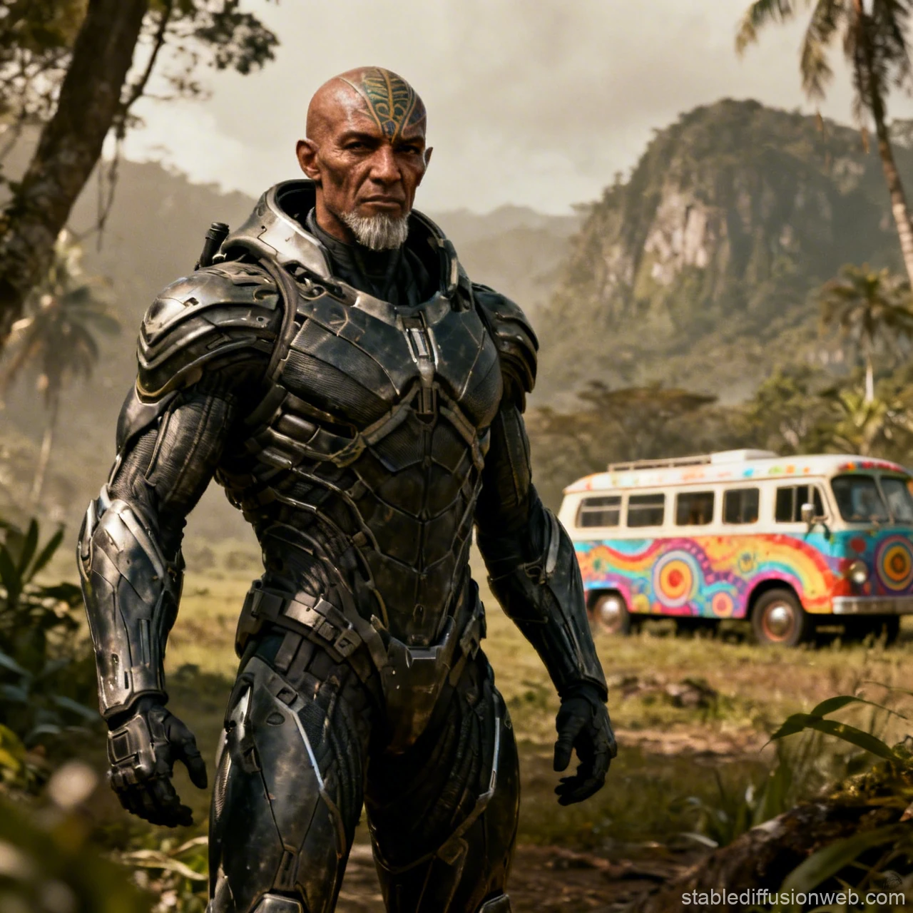 Futuristic Warrior in Exoskeleton Armor with Tribal Tattoo