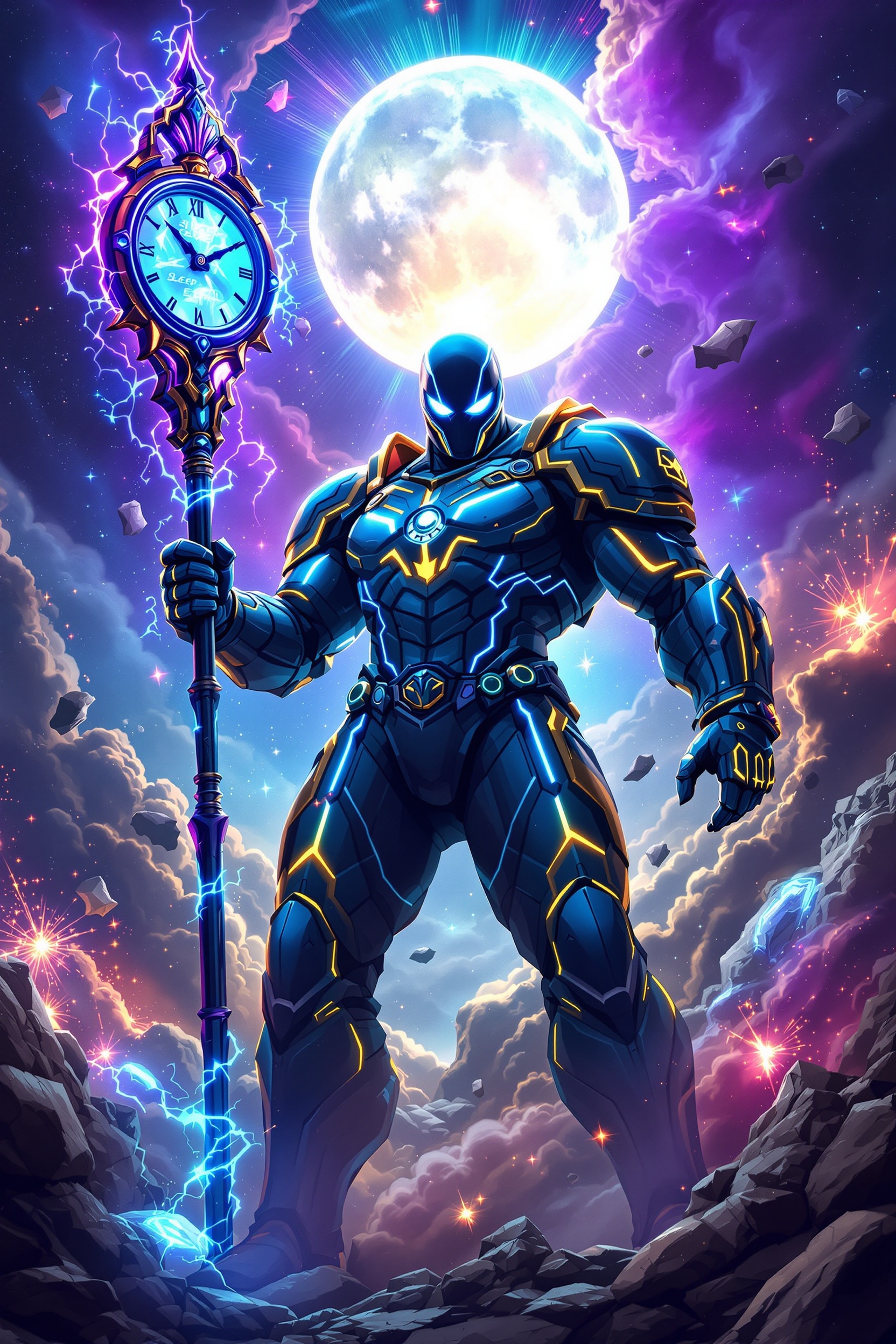 Futuristic Warrior with Electric Staff Under Full Moon
