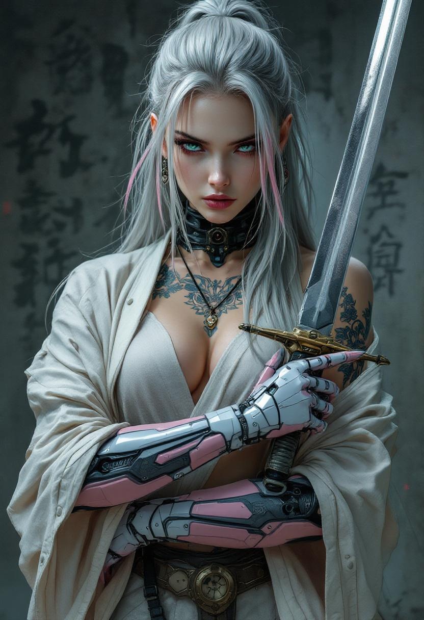 Futuristic Warrior Woman with Cybernetic Arms and Sword